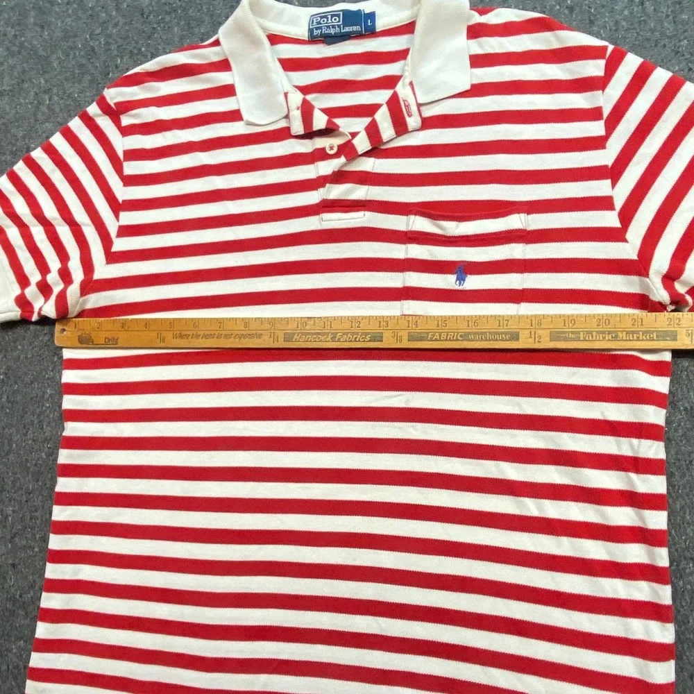 Ralph Lauren Polo Sz L Mens Red White Striped Preppy Pocket Pony TShirt 8253